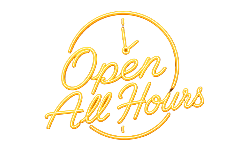 Open All Hours — glowing amber neon sign logo